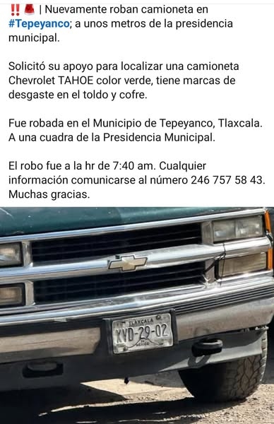 Roban camioneta a unos metros de la presidencia municipal de #Tepeyanco